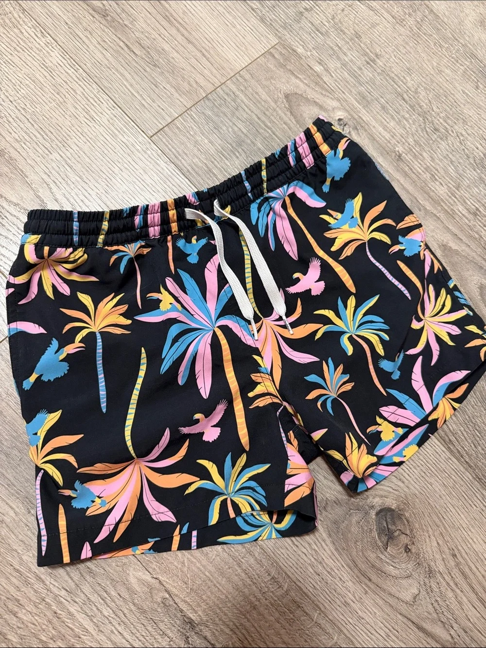 chubbies Black Tropical Palm Print Shorts with Pink, Blue & Yellow Accents